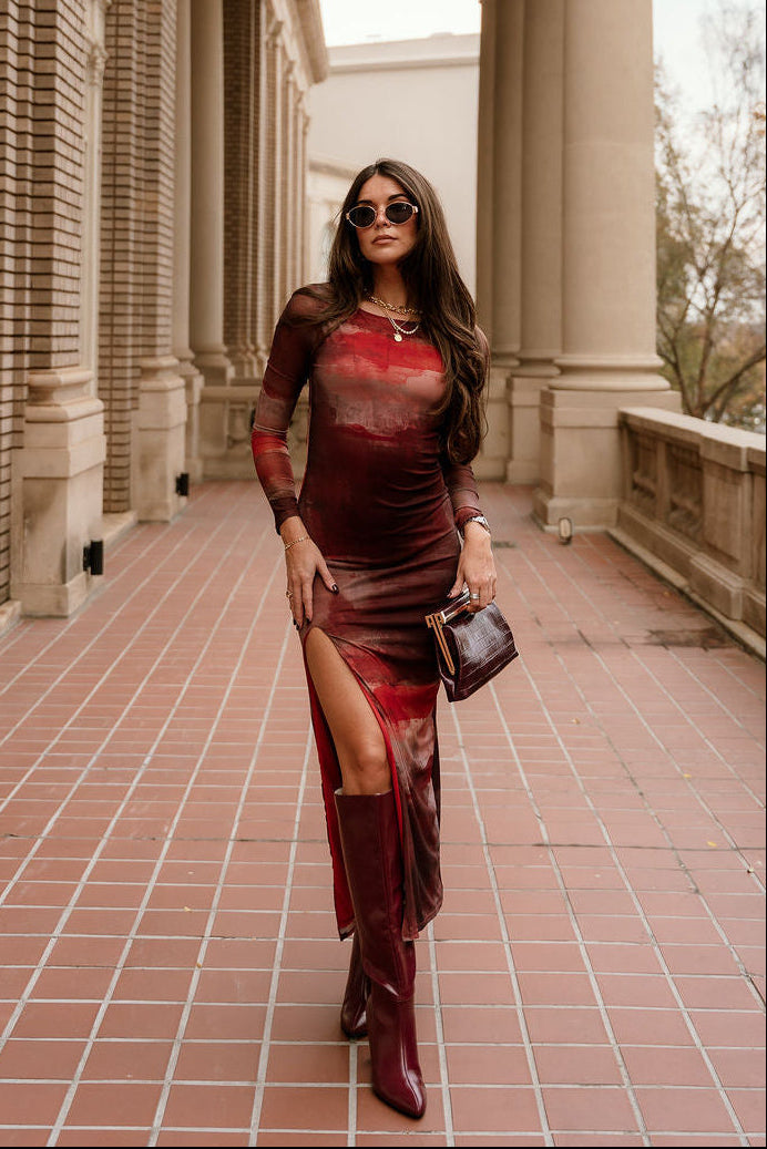 Selena Rust Multi Mesh Maxi Dress- full body view