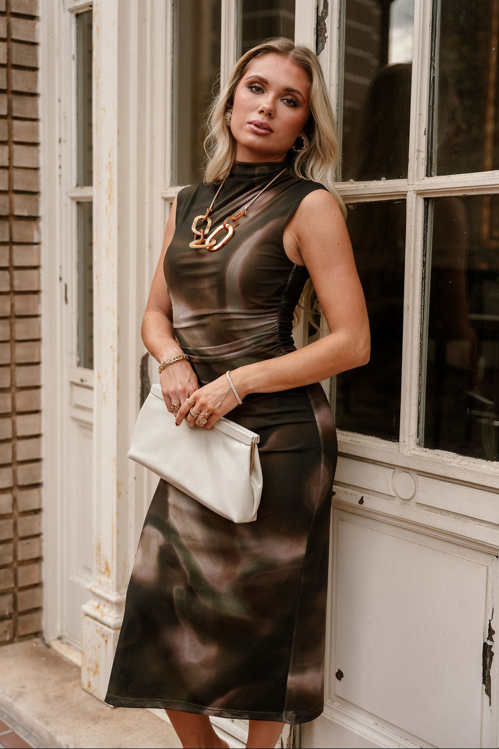 Palmer Olive Multi Mesh Midi Dress- frontal side full view