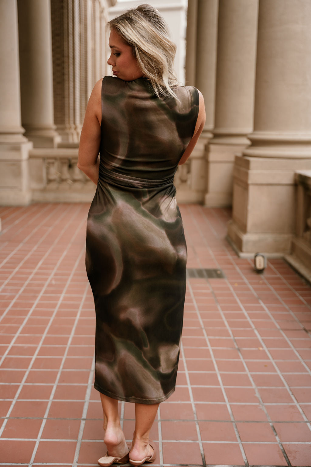 Palmer Olive Multi Mesh Midi Dress- back view