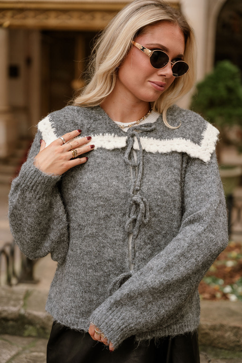 Leila Grey & Cream Collar Cardigan- front close up view