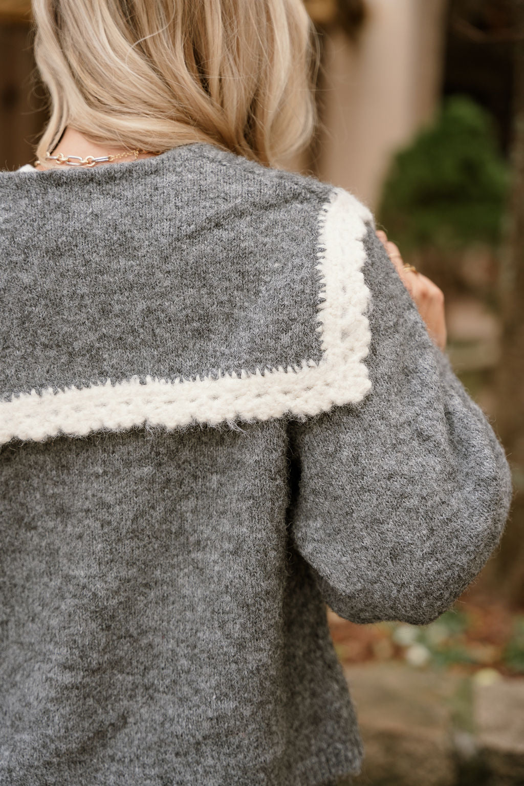 Leila Grey & Cream Collar Cardigan- back top view