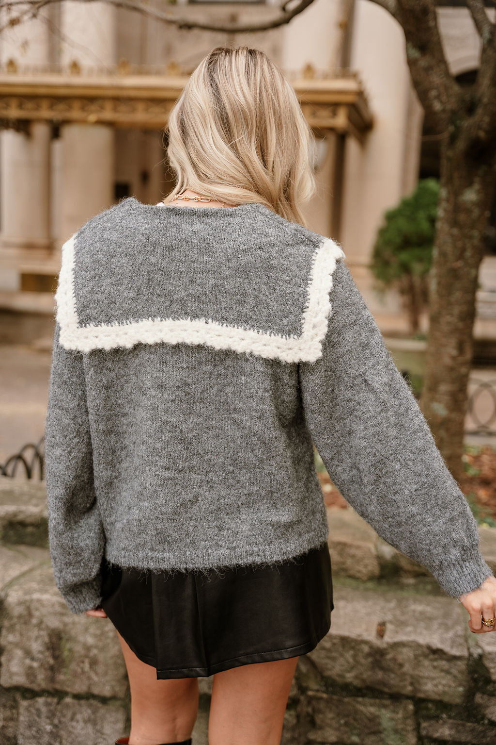 Leila Grey & Cream Collar Cardigan- full back view