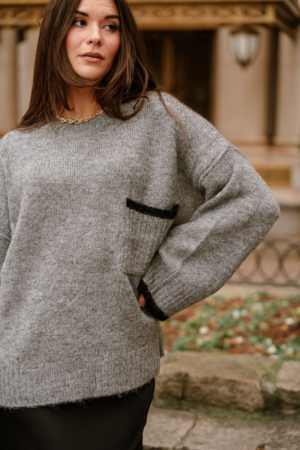 Destiny Grey & Black Pocket Sweater- close up side view