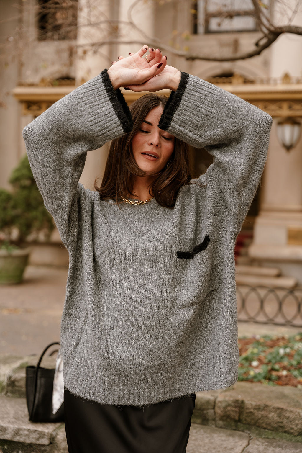 Destiny Grey & Black Pocket Sweater- top view