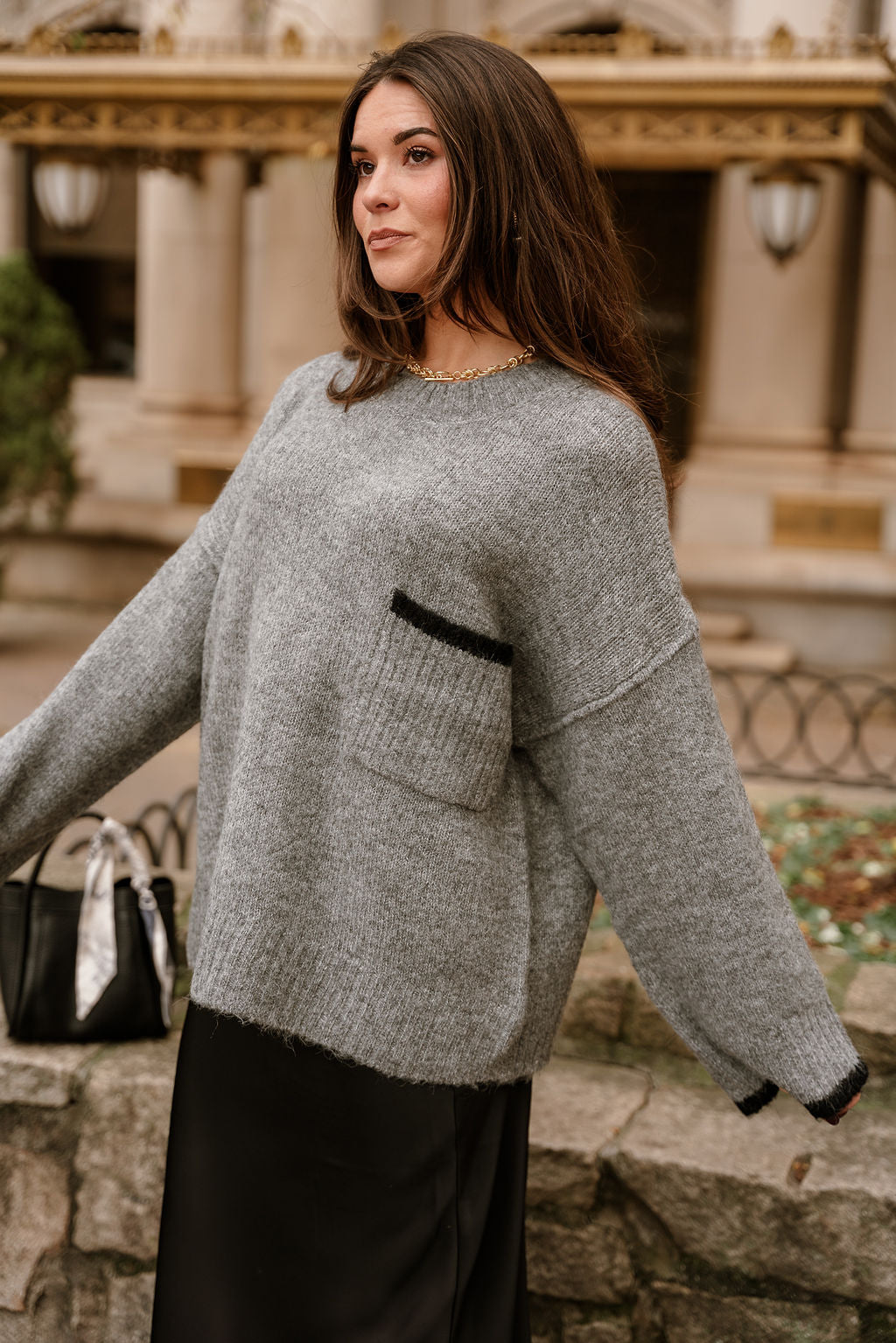 Destiny Grey & Black Pocket Sweater- fontal side top view