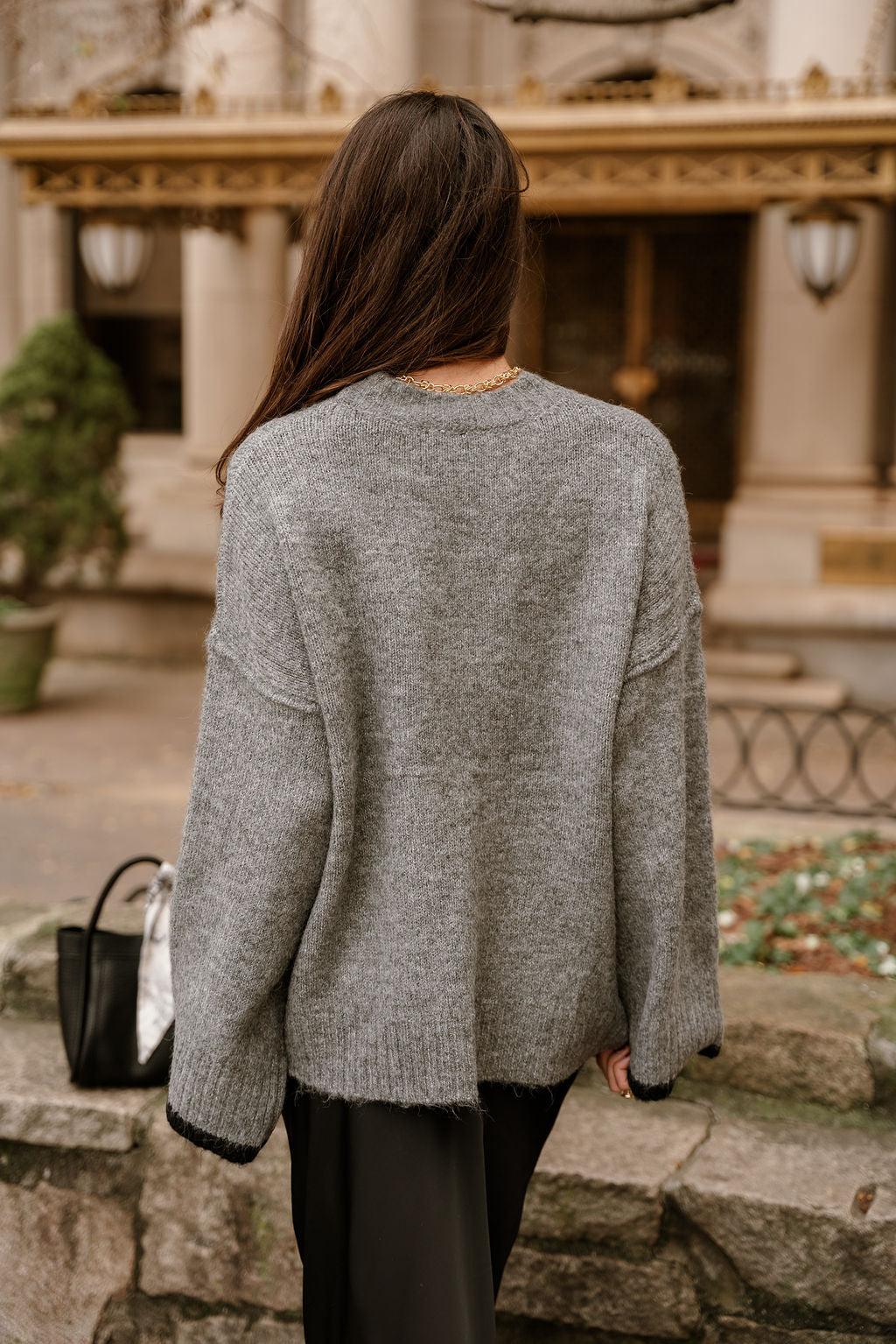 Destiny Grey & Black Pocket Sweater- back top view