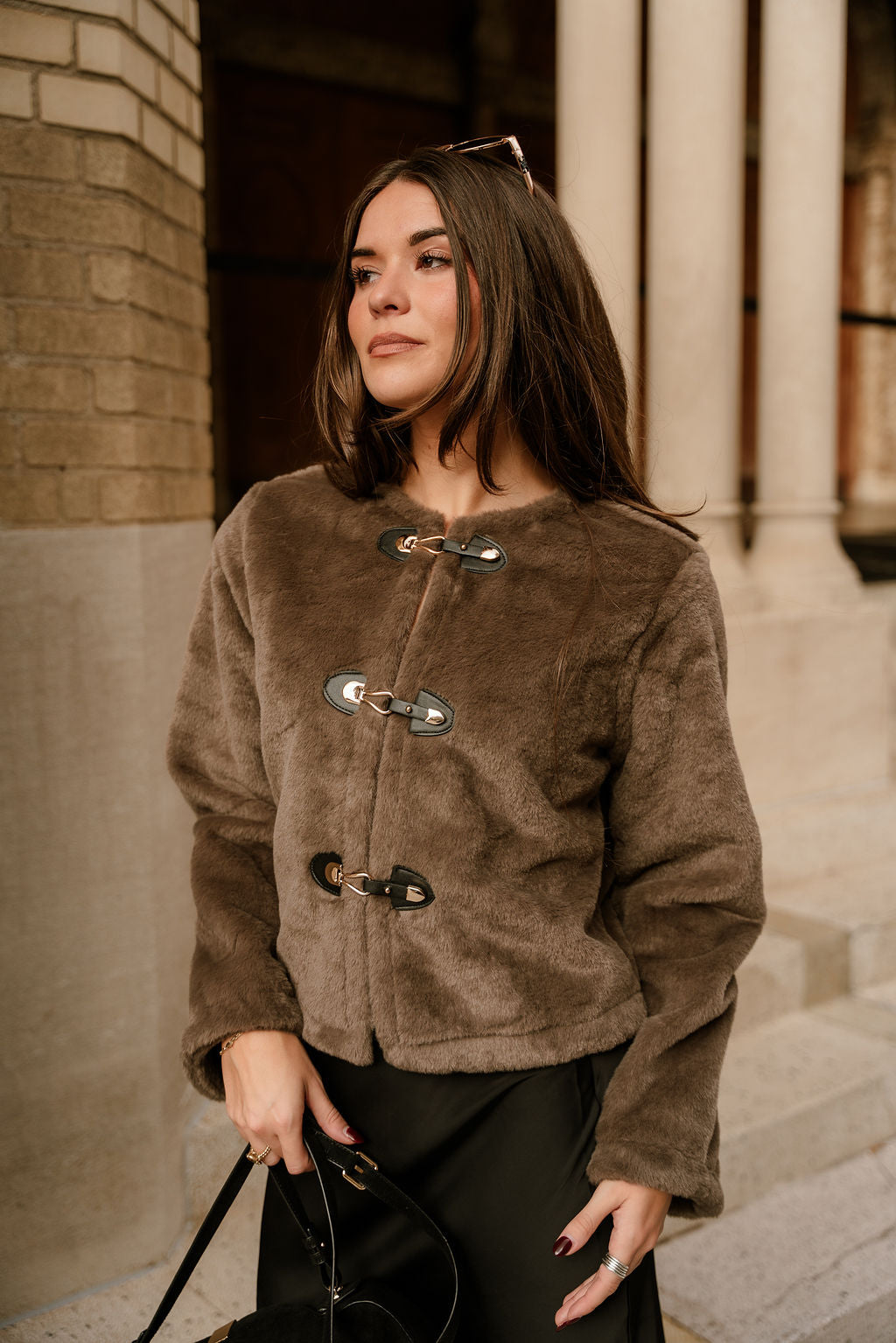 Aspen Taupe Faux Fur Jacket - frontal side view