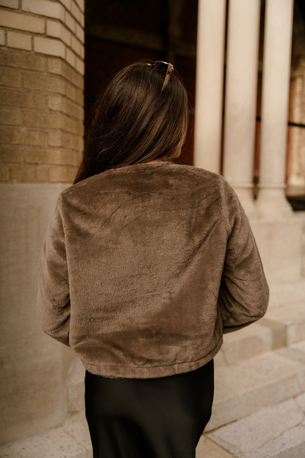 Aspen Taupe Faux Fur Jacket - close up back view