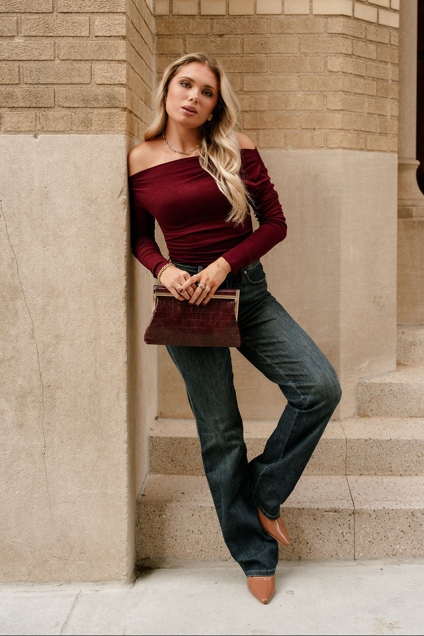 Amari Burgundy Ruched Off-The-Shoulder Top- full body view