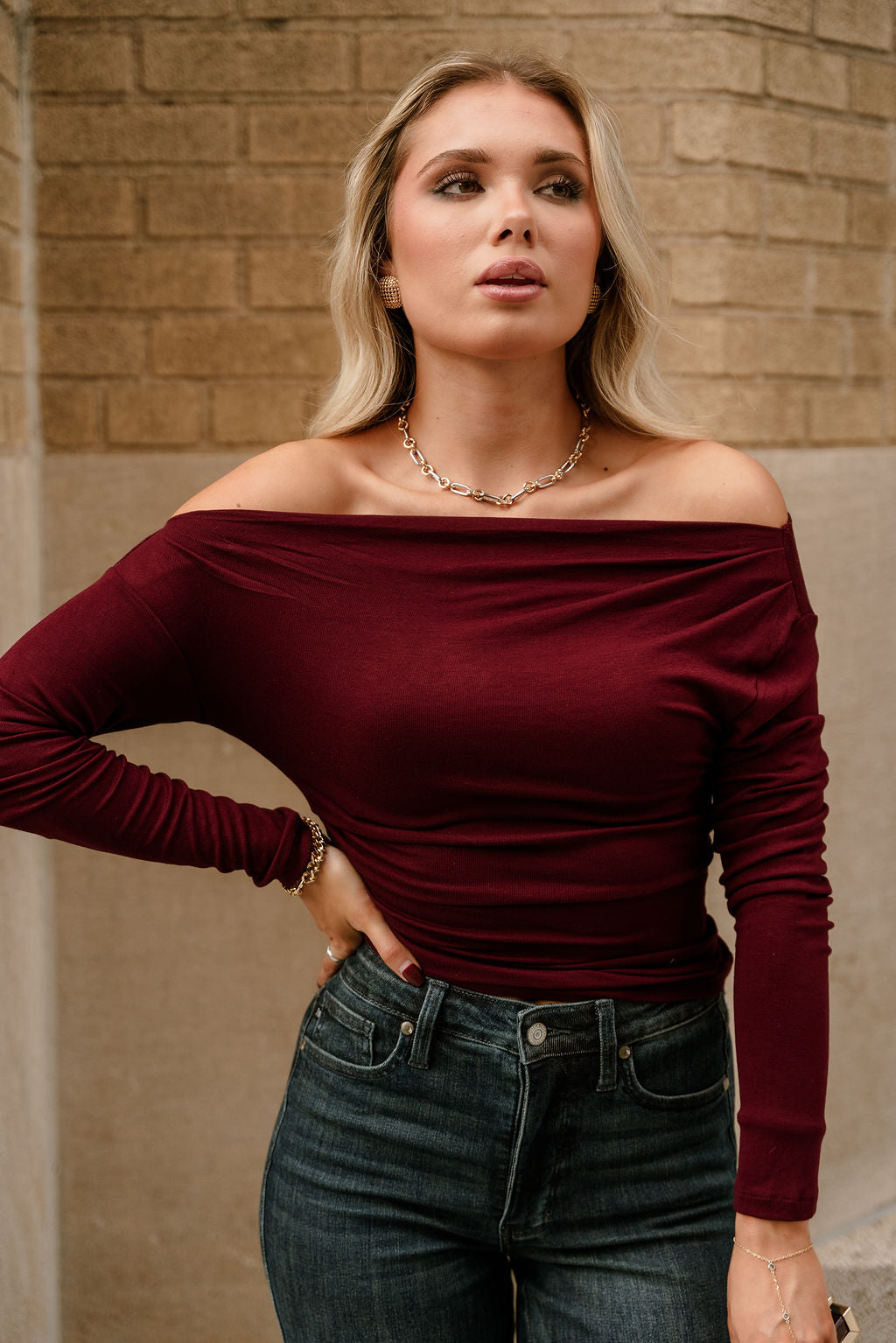 Amari Burgundy Ruched Off-The-Shoulder Top- front top view