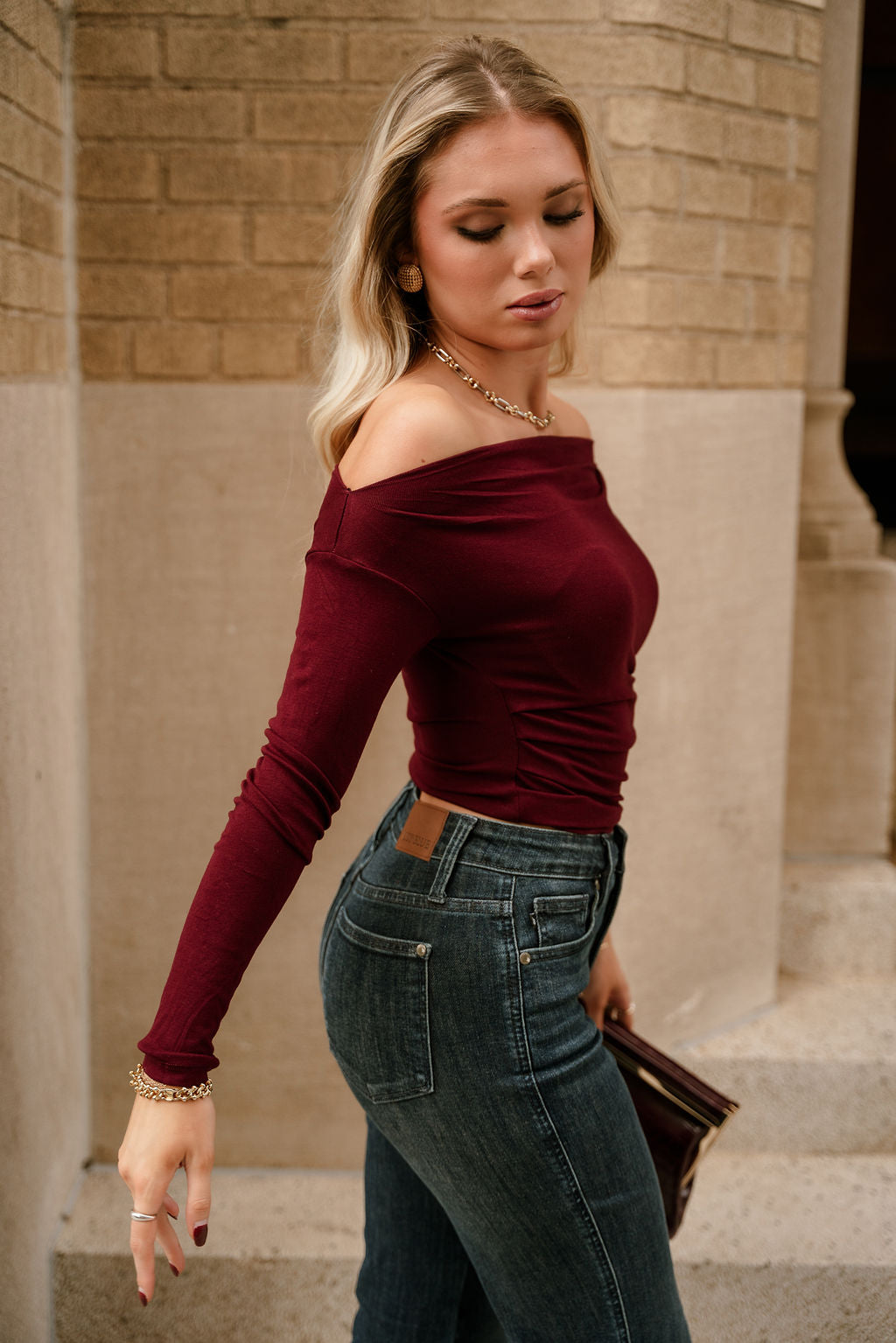 Amari Burgundy Ruched Off-The-Shoulder Top- side view