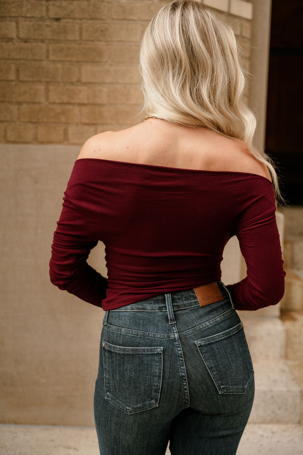 Amari Burgundy Ruched Off-The-Shoulder Top- close up back view