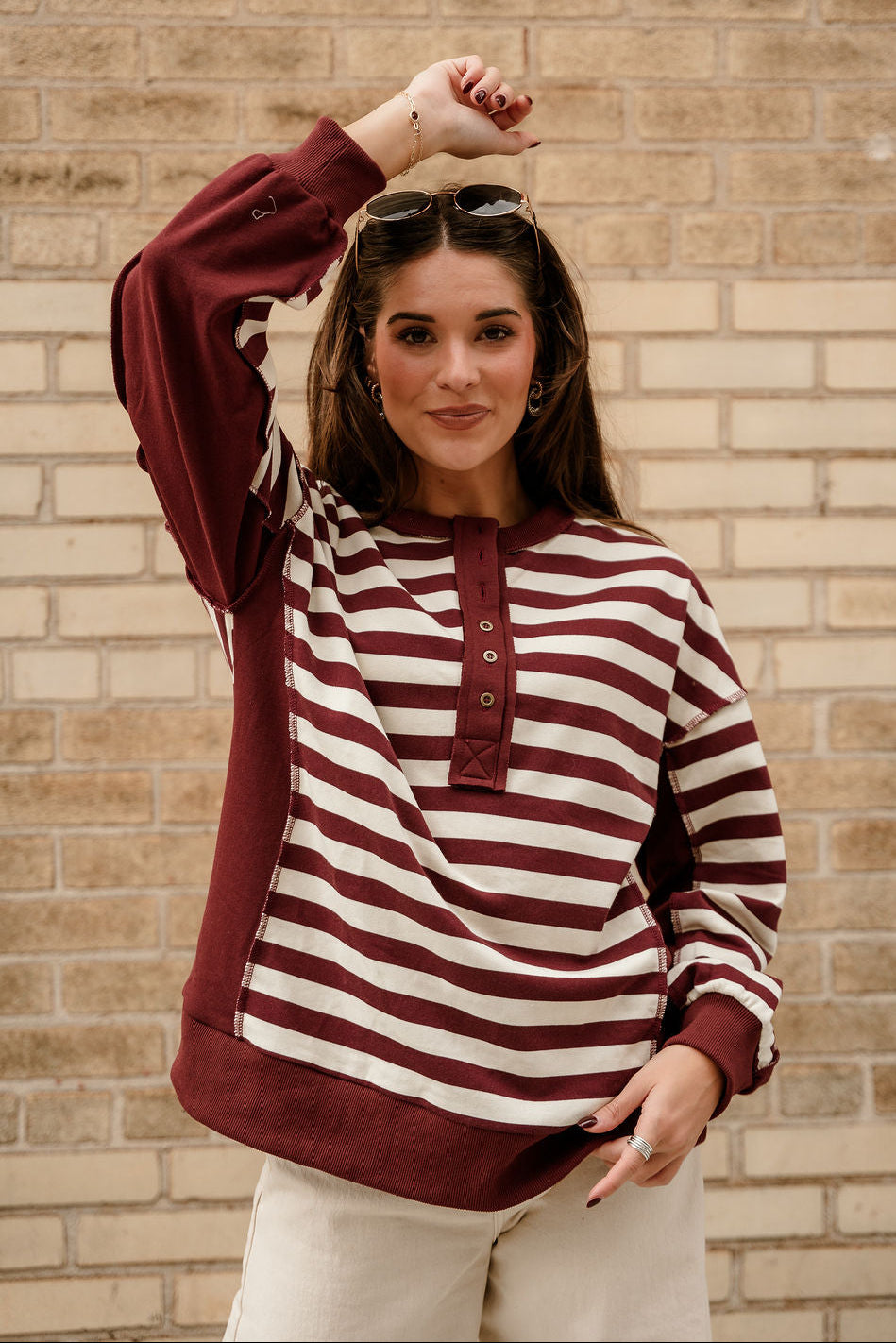 Allison Burgundy & Cream Stripe Pullover- top view