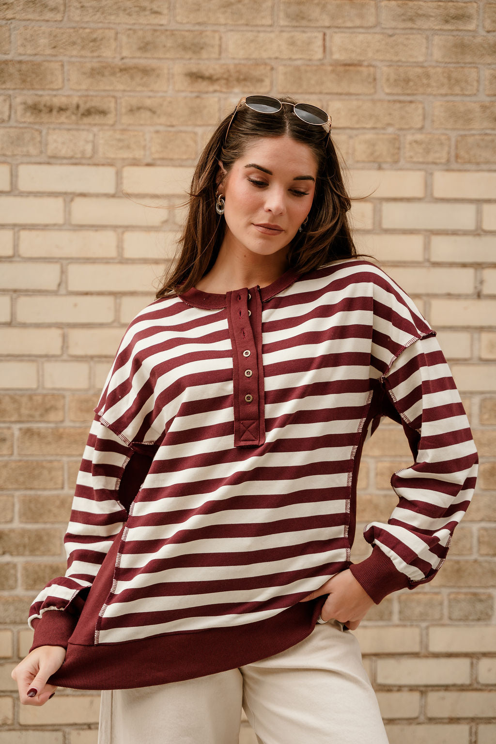 Allison Burgundy & Cream Stripe Pullover- close up front view