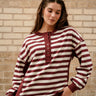 Allison Burgundy & Cream Stripe Pullover- close up front view