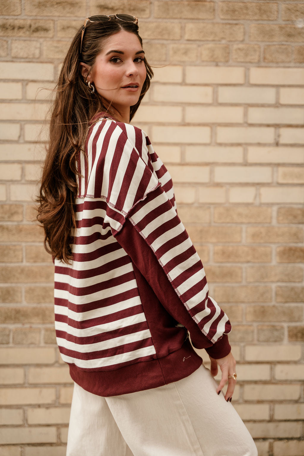 Allison Burgundy & Cream Stripe Pullover- back side view