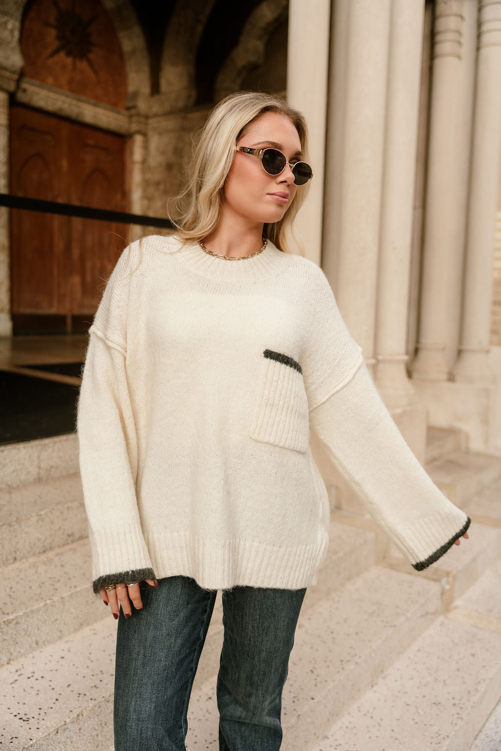 Destiny Cream & Charcoal Pocket Sweater - front view