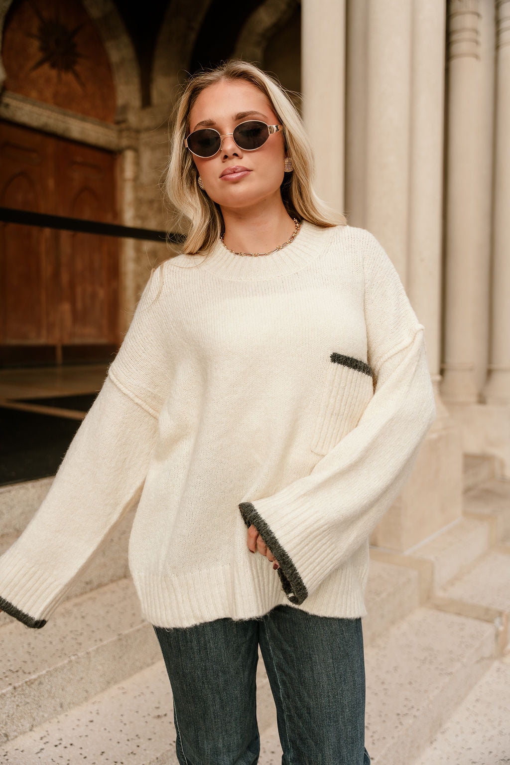 Destiny Cream & Charcoal Pocket Sweater- front