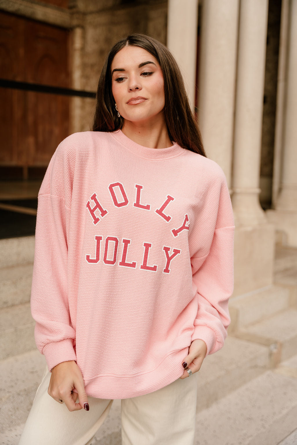 Holly Jolly Pink Pullover Sweatshirt - view of front