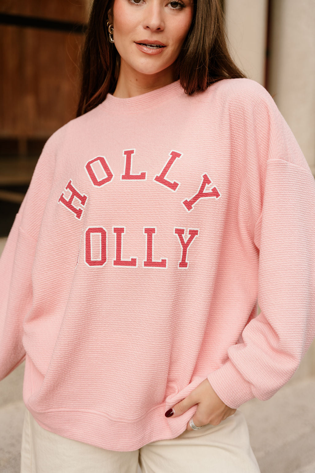 Holly Jolly Pink Pullover Sweatshirt - close up front view