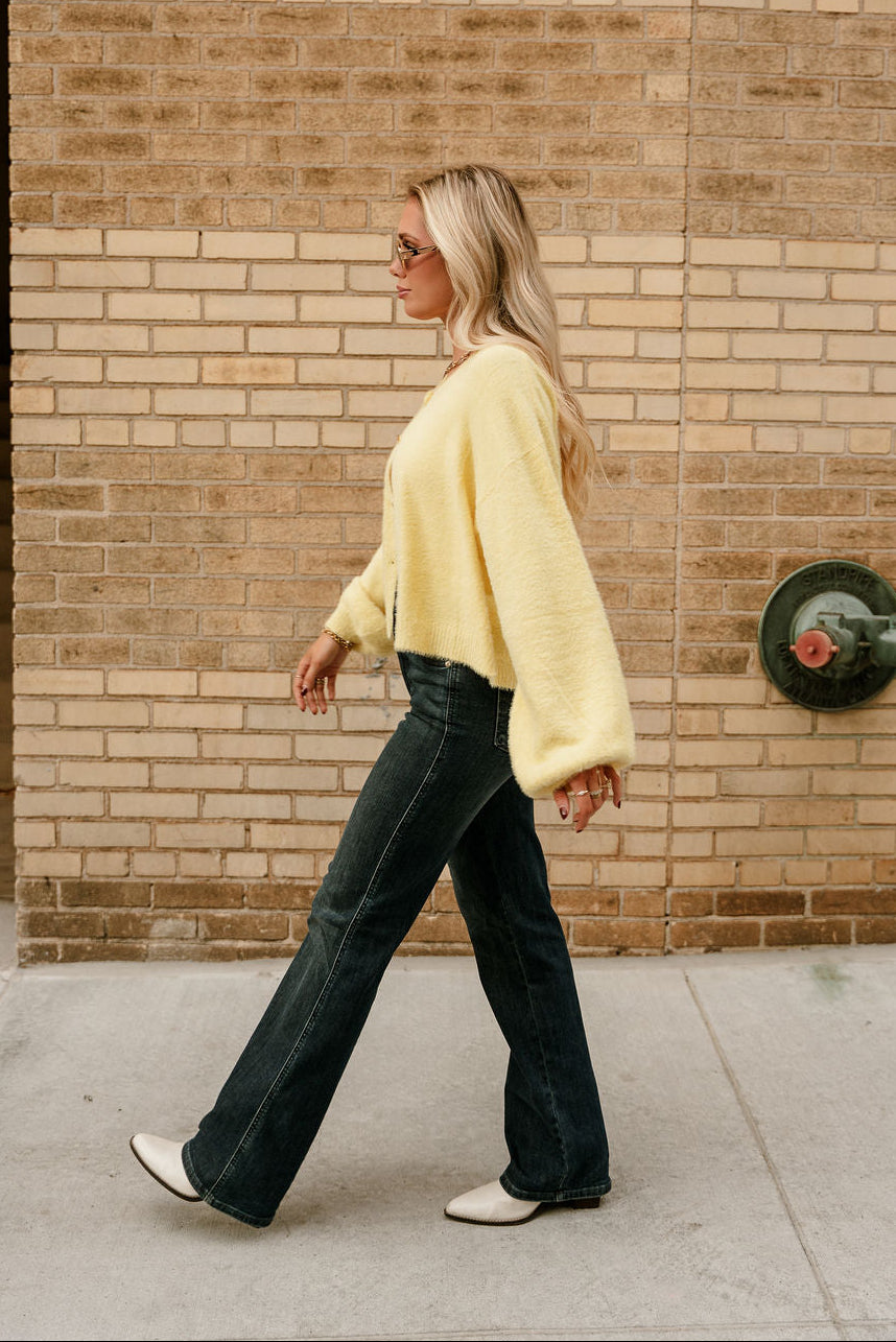 Kellie Yellow Button Up Cardigan - full body side view