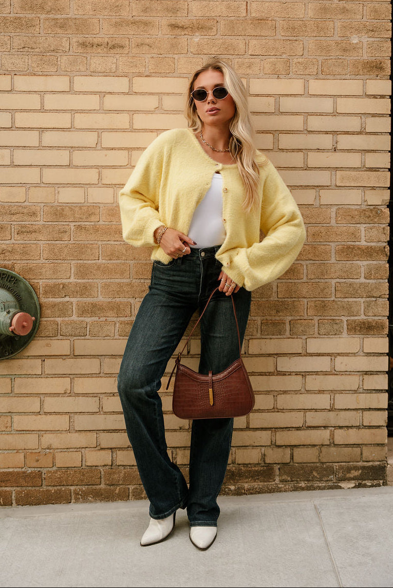 Kellie Yellow Button Up Cardigan - full body front view