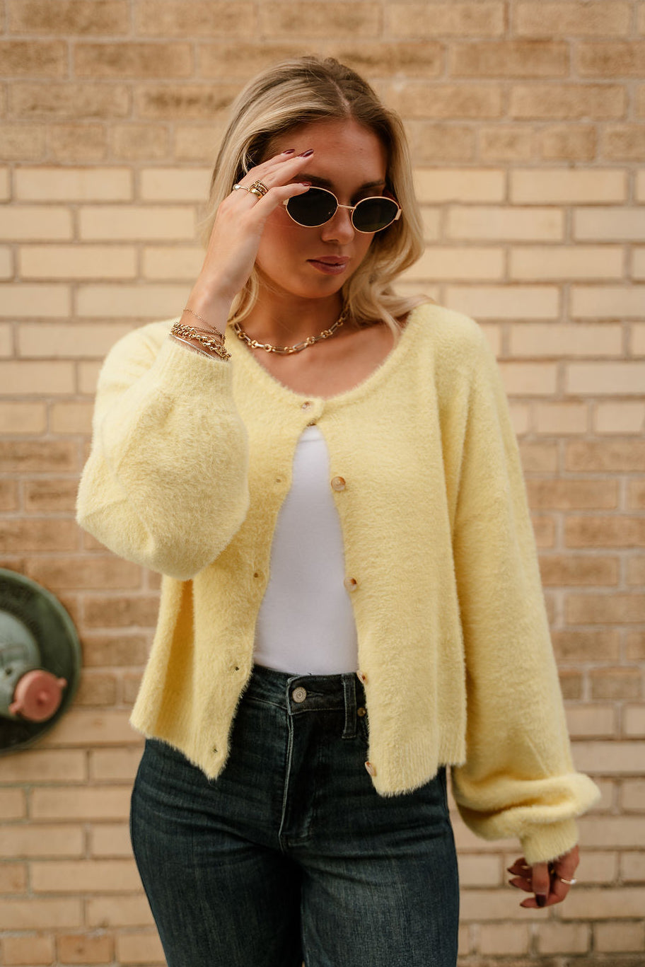Kellie Yellow Button Up Cardigan - front view