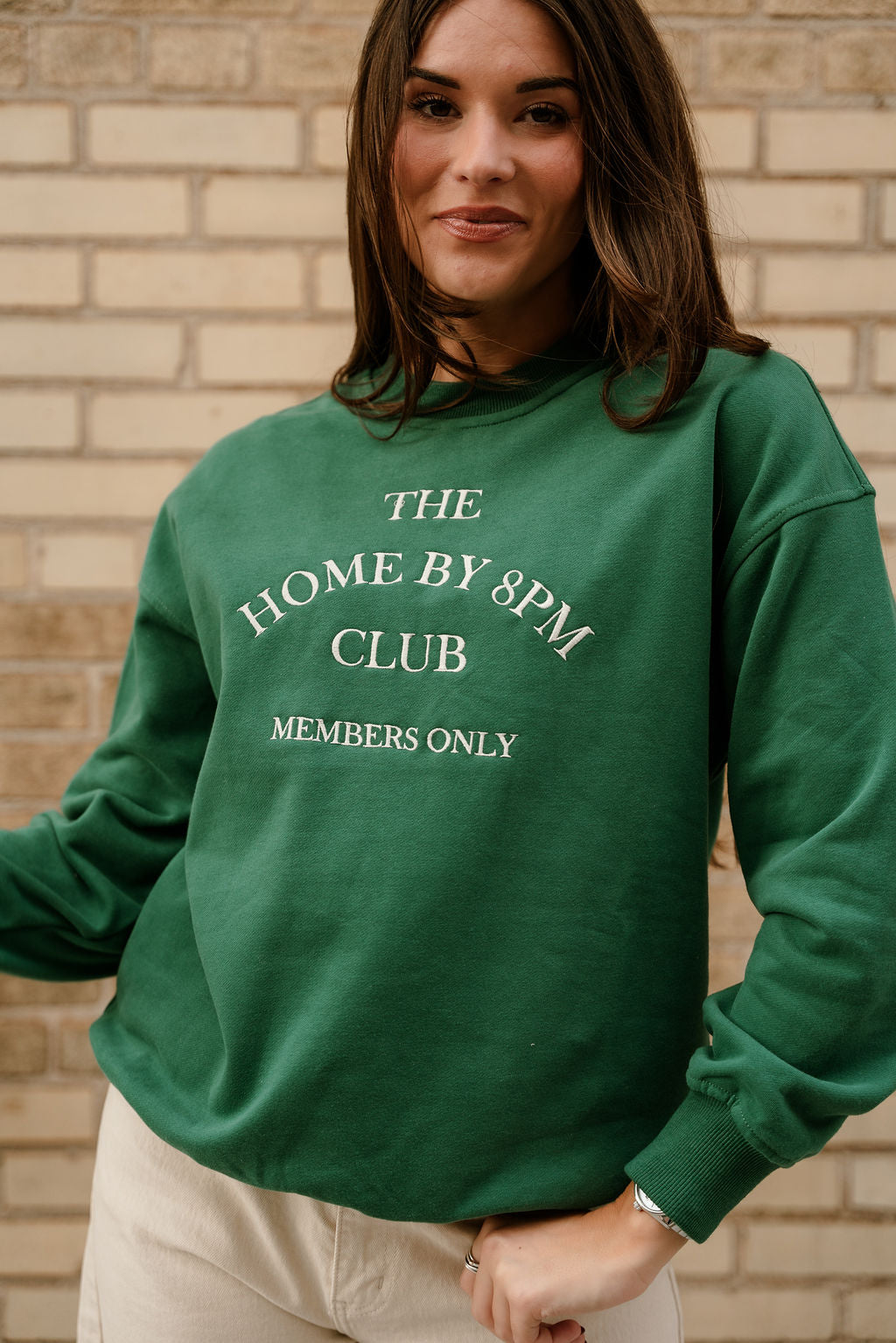 Home By 8pm Club Green Pullover - close front view
