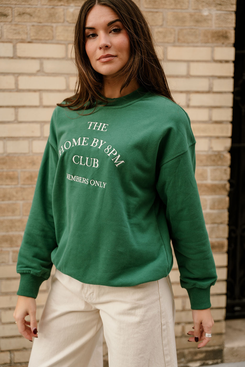 Home By 8pm Club Green Pullover - frontal side view