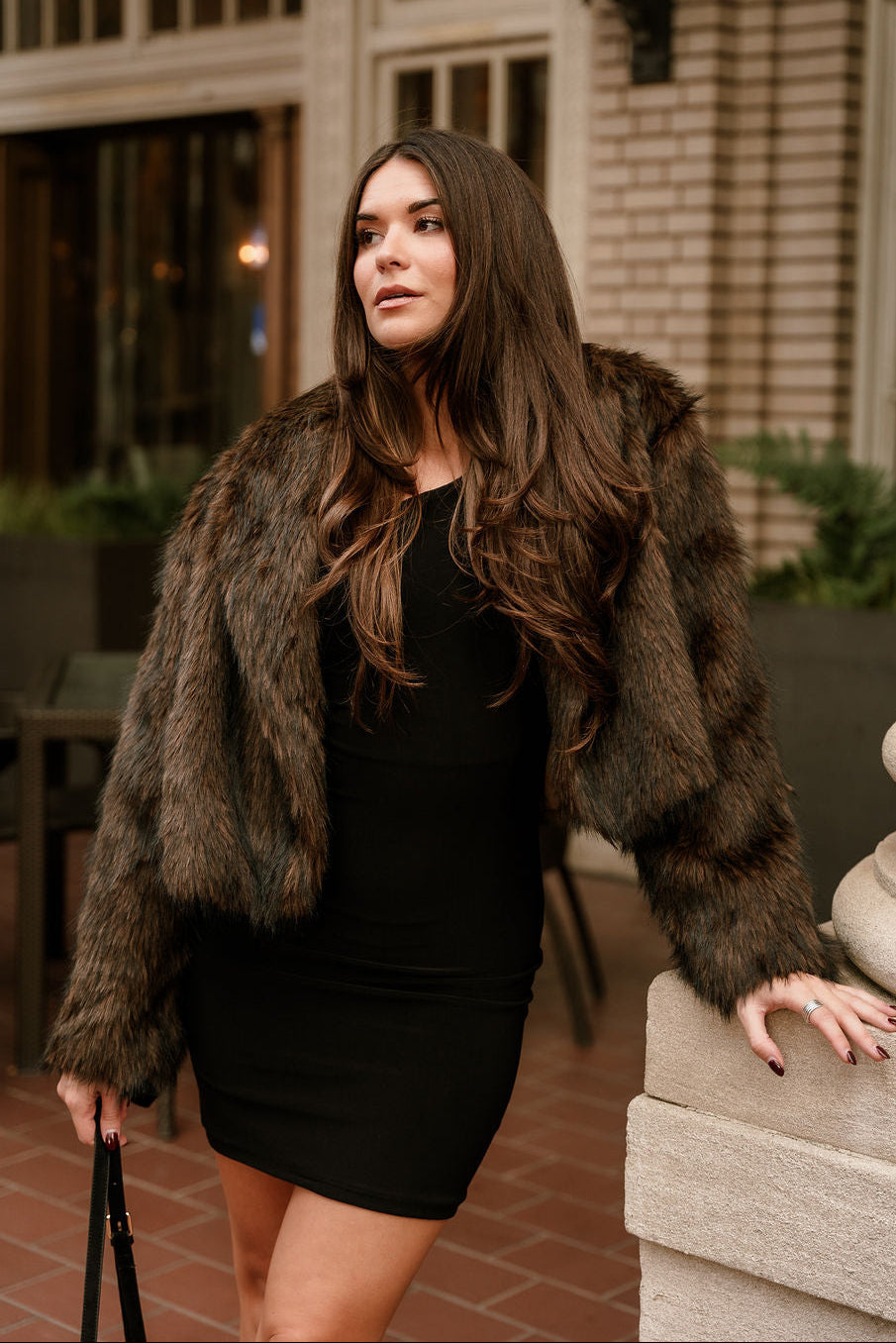 Ashton Black Asymmetric Mini Dress - front view with jacket