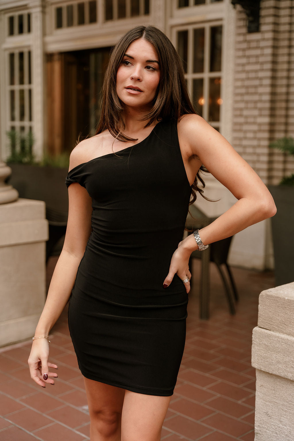 Ashton Black Asymmetric Mini Dress - front view