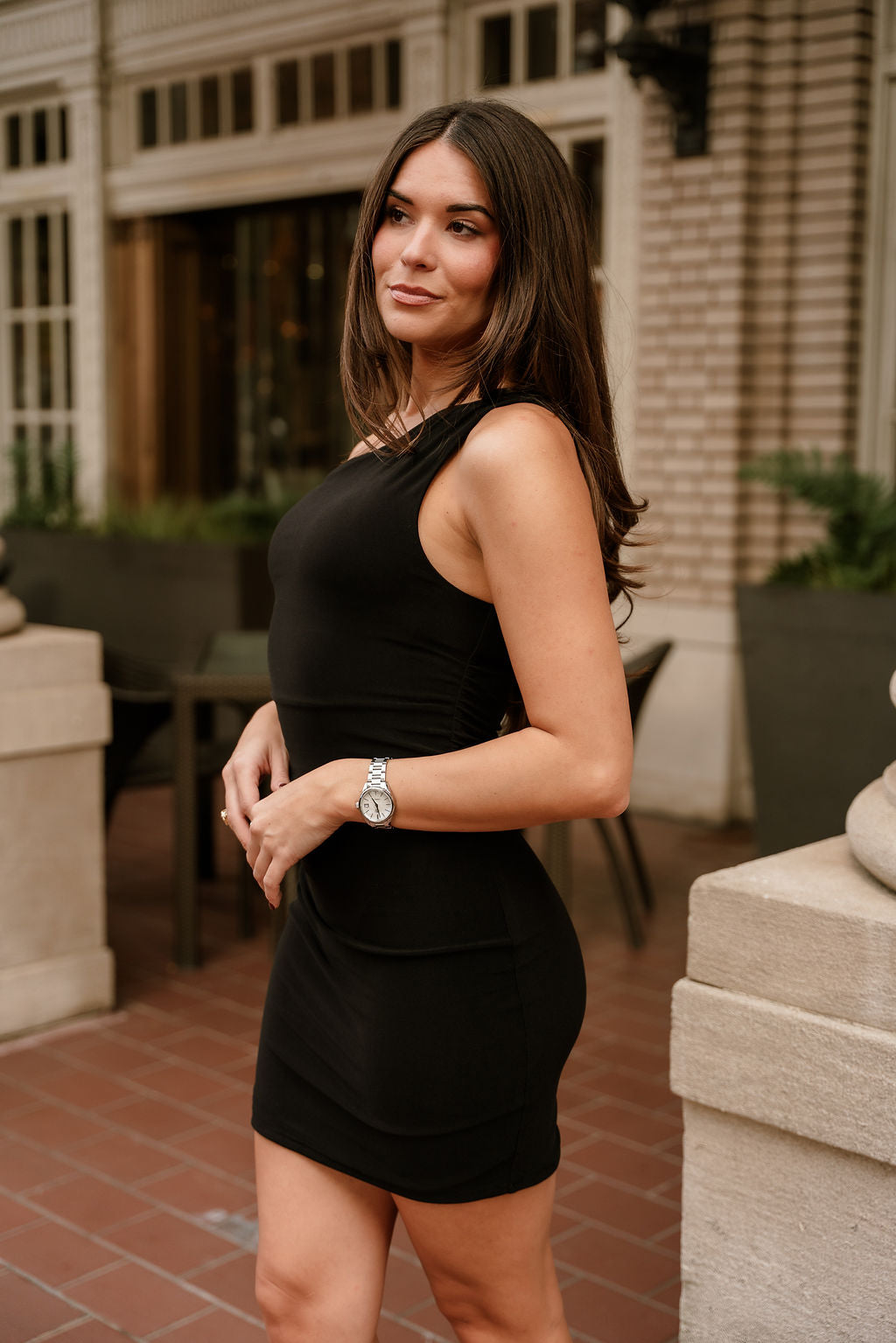 Ashton Black Asymmetric Mini Dress - side view