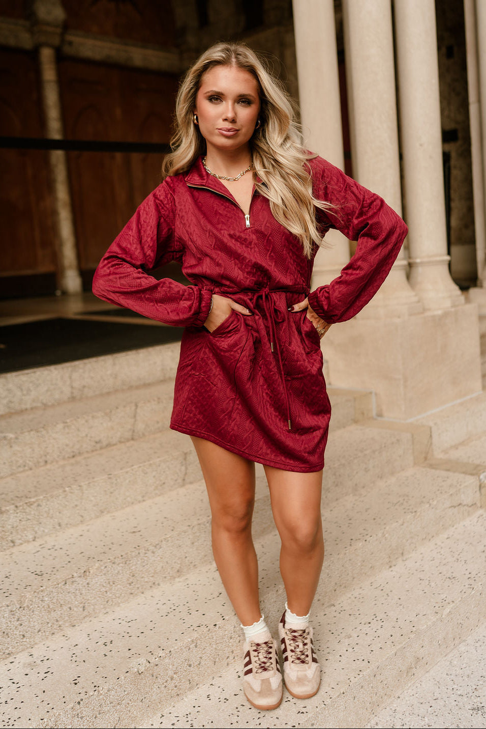 Halley Burgundy Quarter-Zip Mini Dress - full body front view