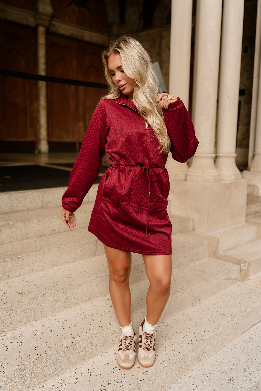 Halley Burgundy Quarter-Zip Mini Dress - full front view