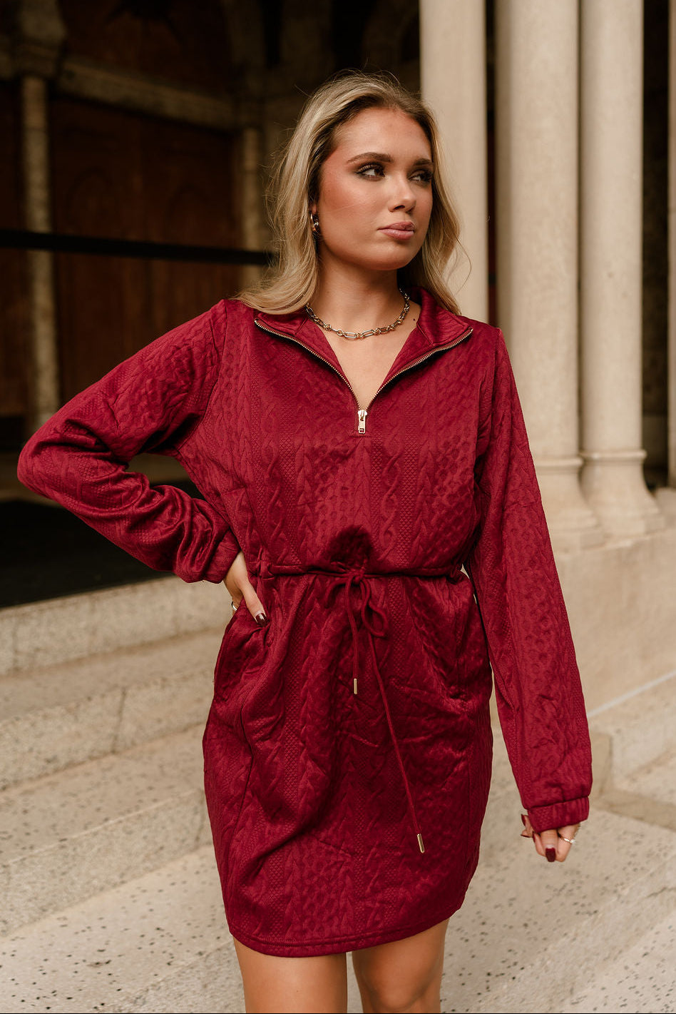 Halley Burgundy Quarter-Zip Mini Dress - front view