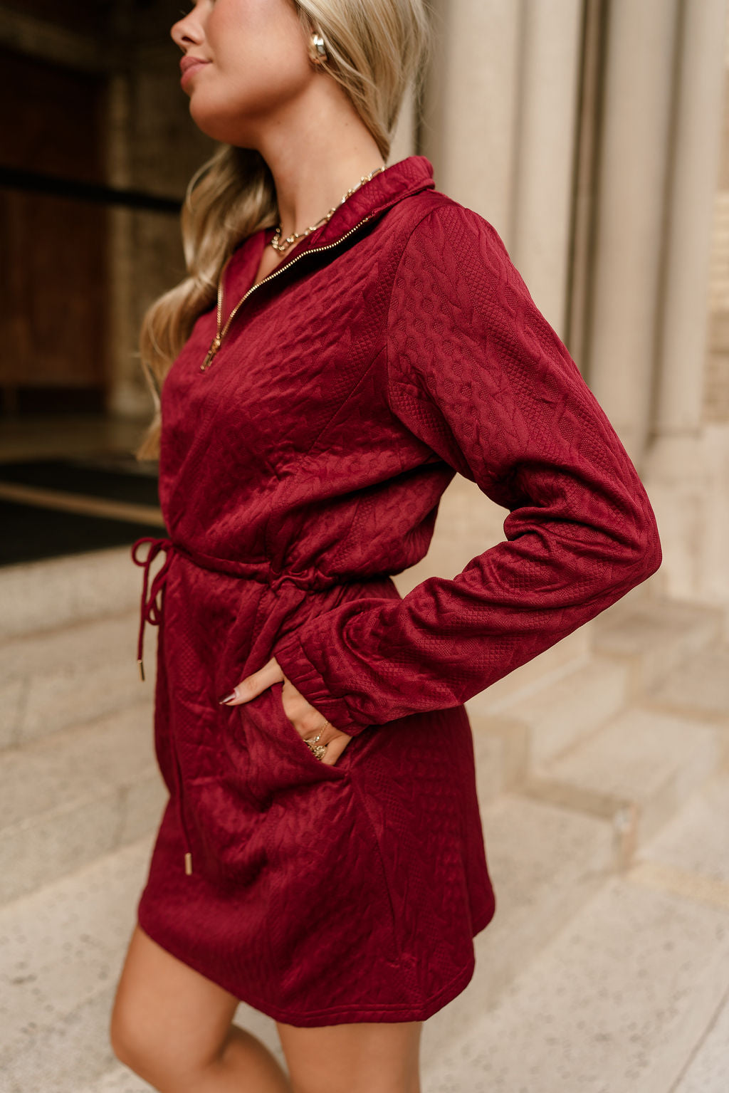 Halley Burgundy Quarter-Zip Mini Dress - side view