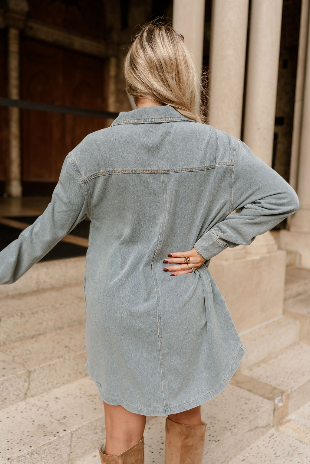 Channing Denim Long Sleeve Mini Dress - back view