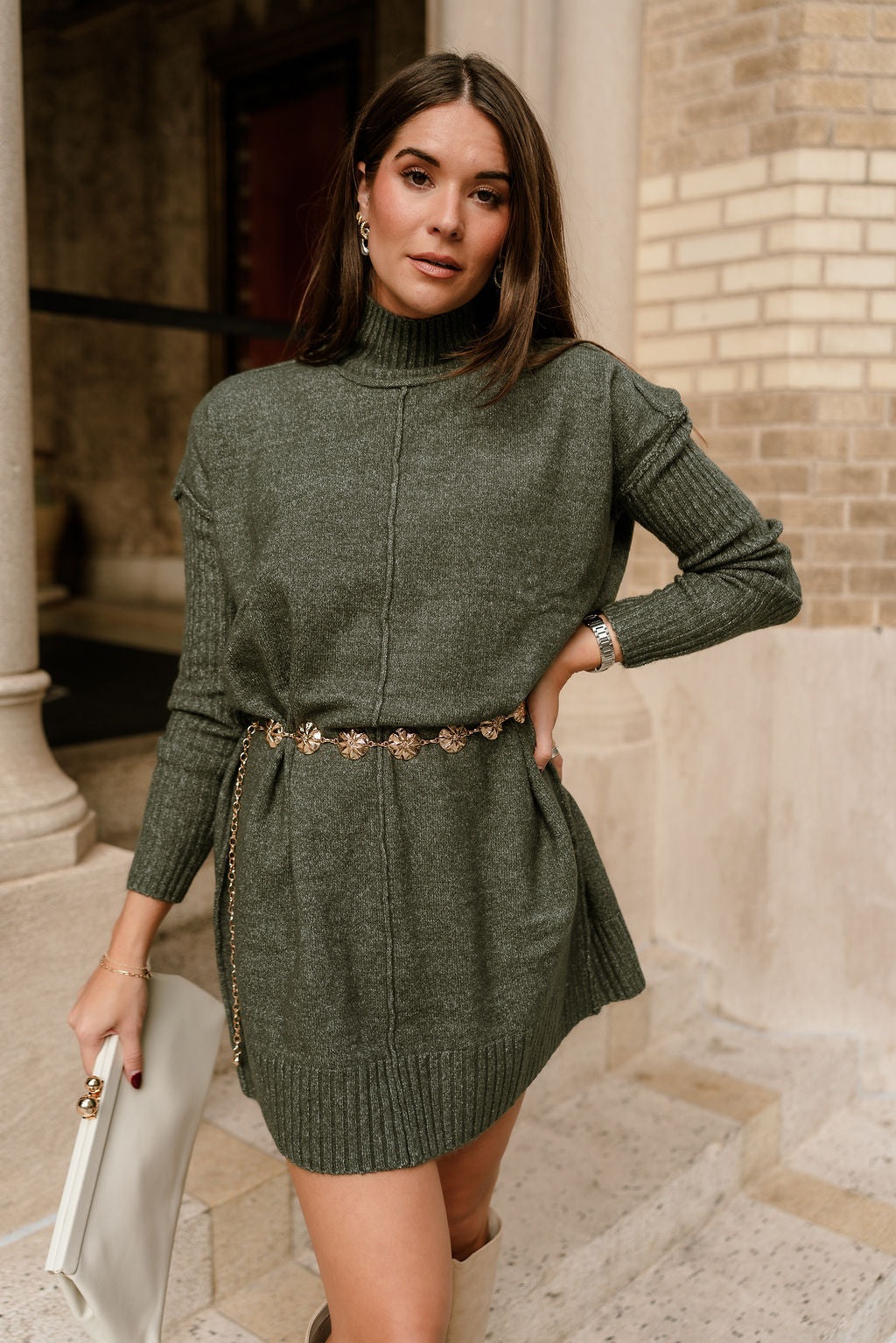 Aster Olive Green Mock Neck Sweater Dress - front view with belt
