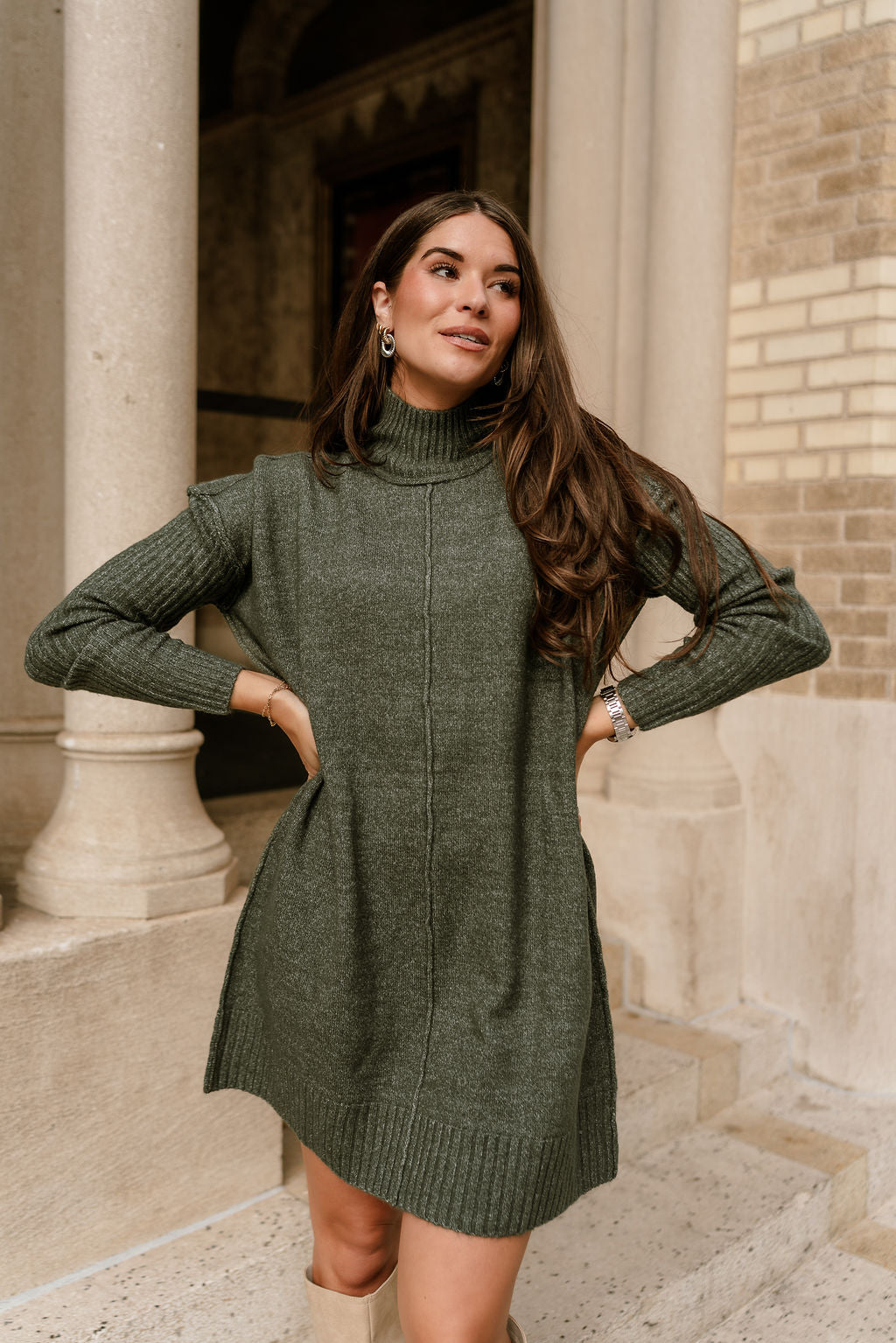 Aster Olive Green Mock Neck Sweater Dress - front view
