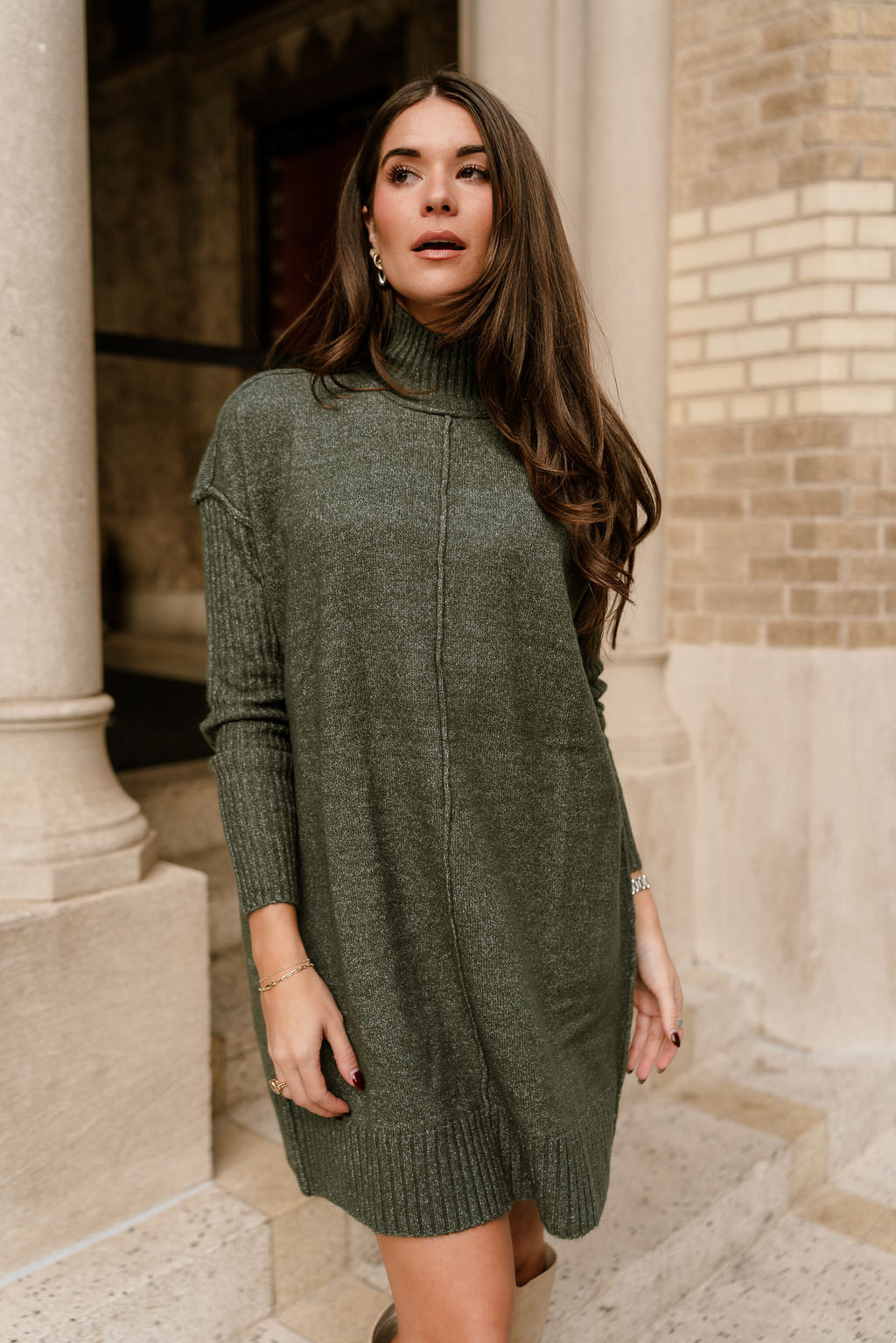 Olive Green Mock Neck Sweater Dress | Aster Dress Olive Green Mock Neck Sweater Dress | Aster Dress
