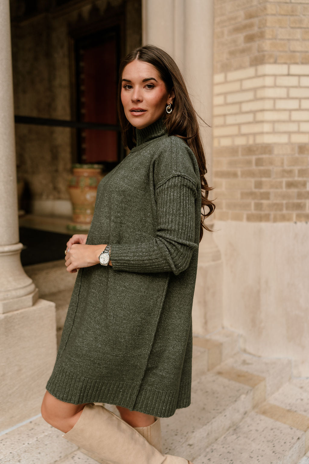 Olive Green Mock Neck Sweater Dress | Aster Dress - Lizard Thicket Olive Green Mock Neck Sweater Dress | Aster Dress - Lizard Thicket