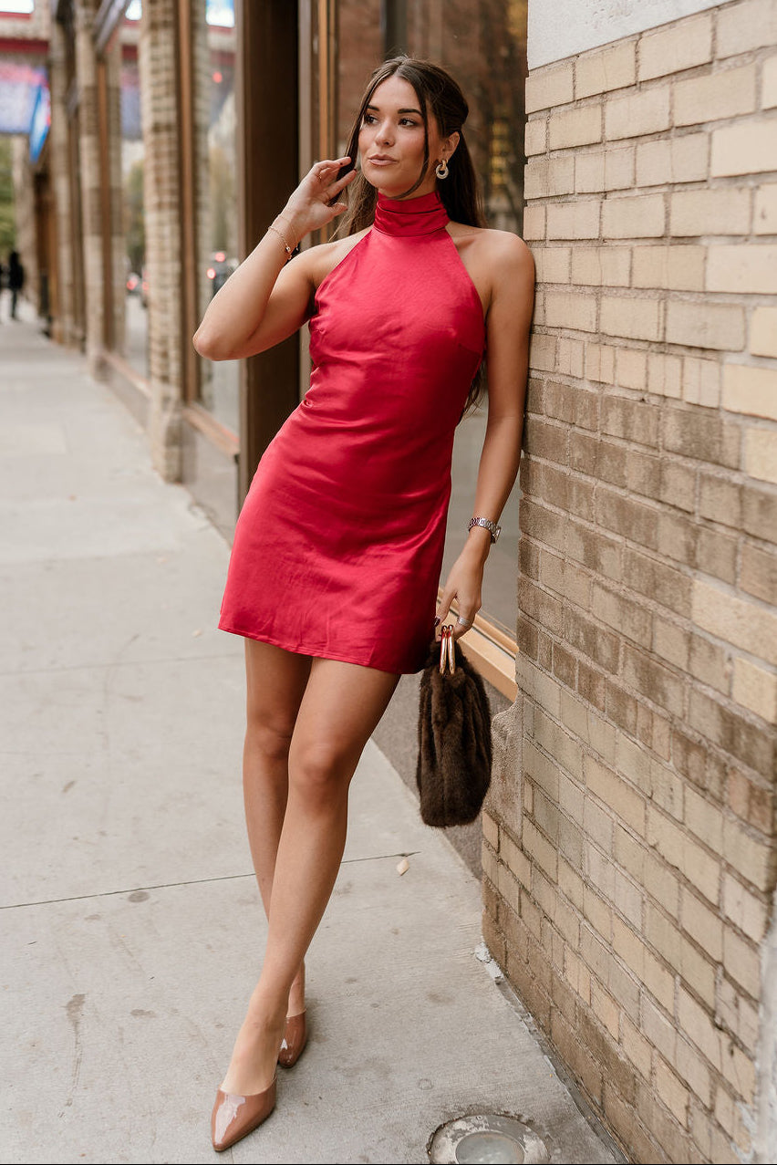 Joan Red Satin Halter Mini Dress - full body front view