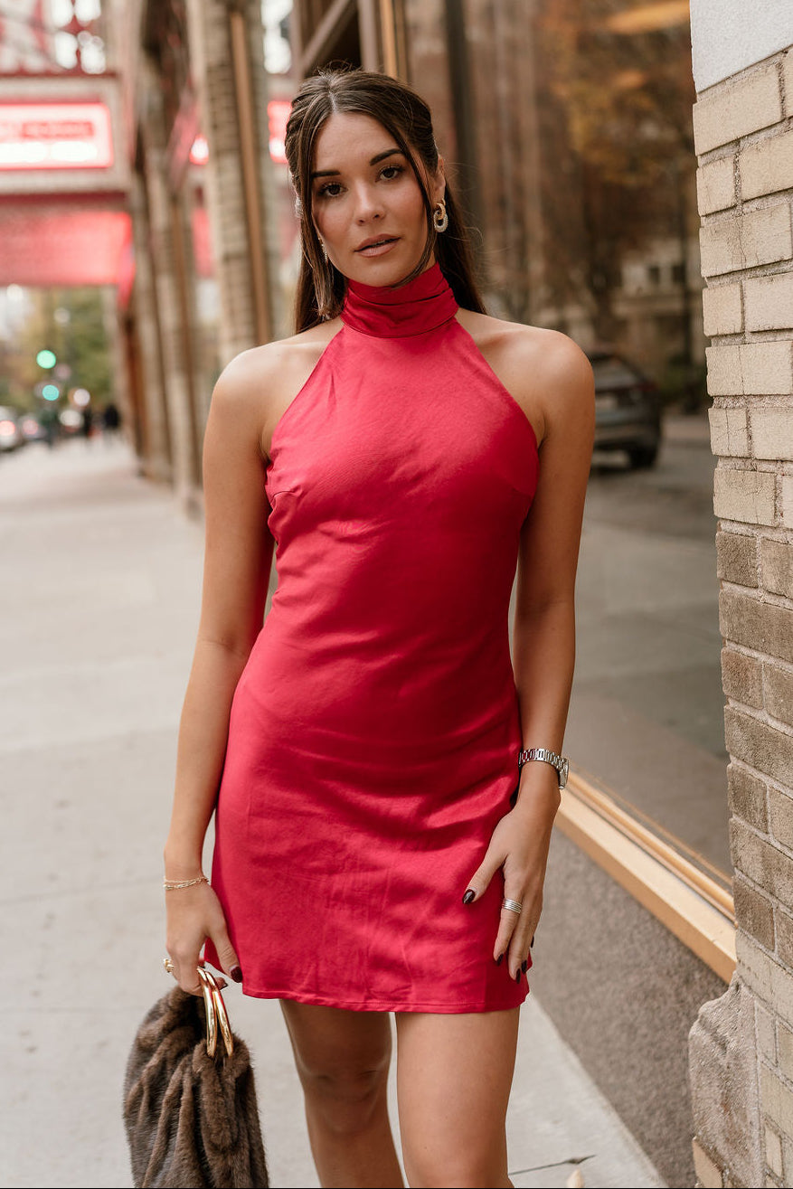 Joan Red Satin Halter Mini Dress - upper body front view