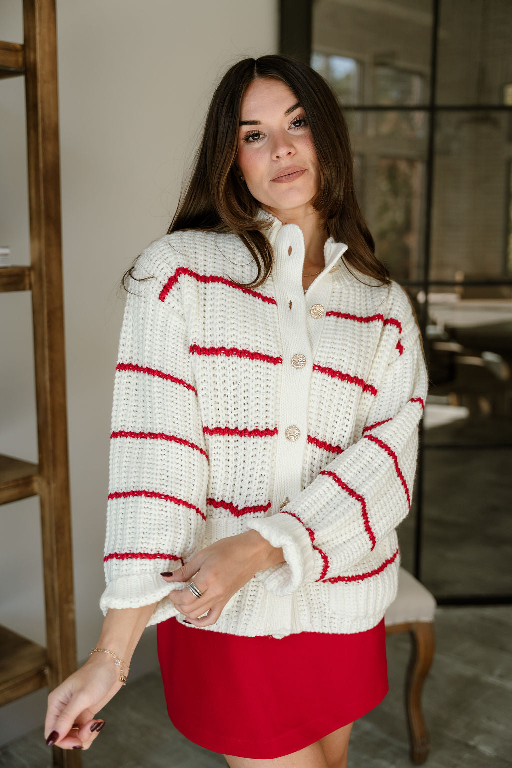 Isla Cream & Red Stripe Knit Cardigan- front top view