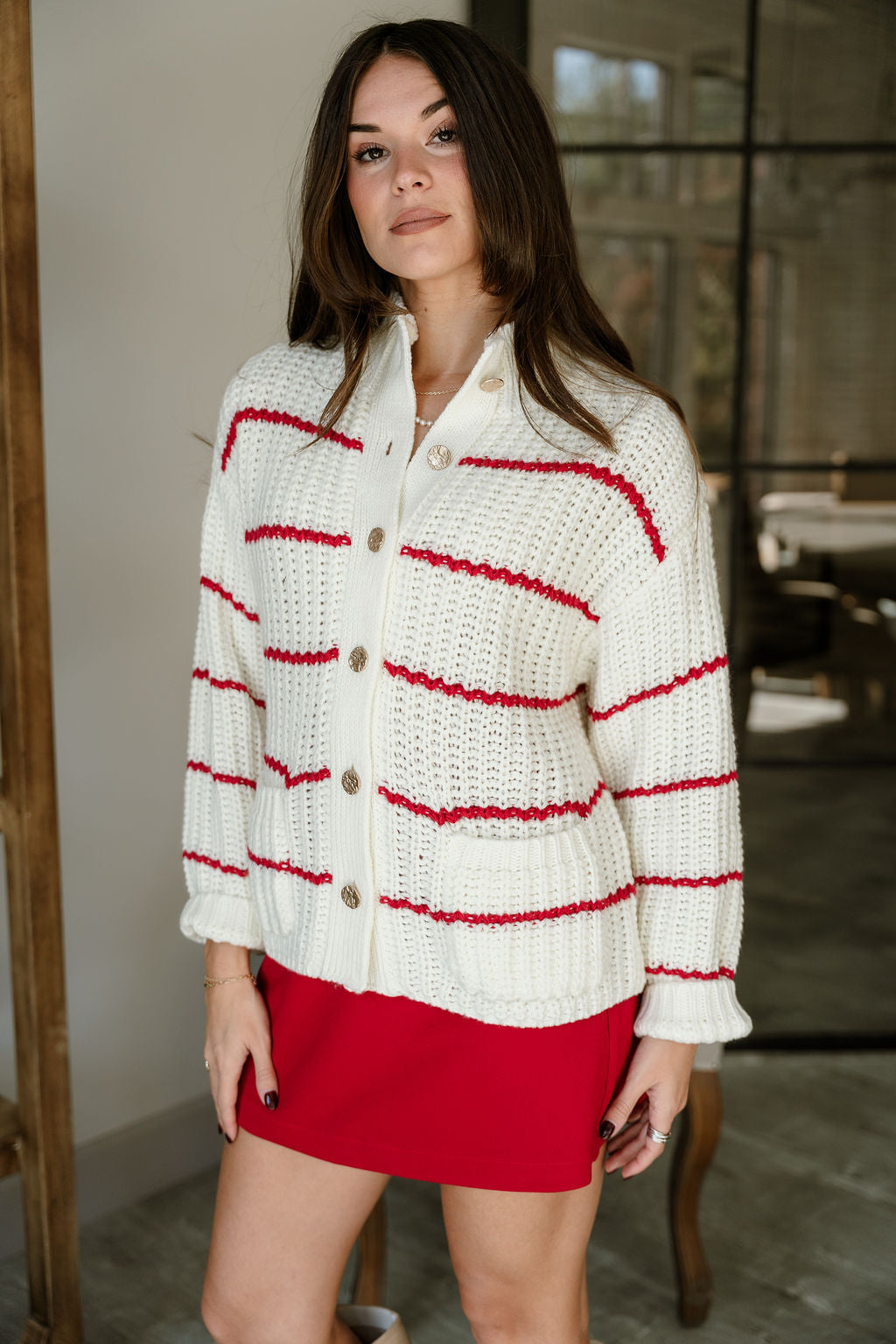 Isla Cream & Red Stripe Knit Cardigan- frontal side view