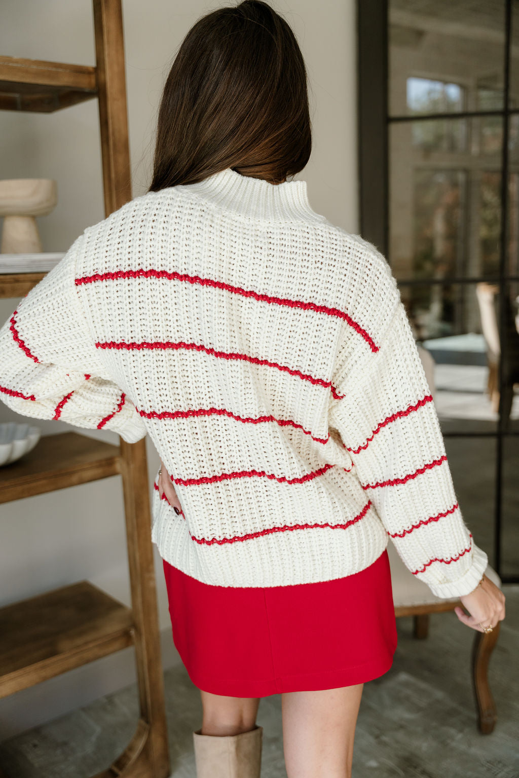 Isla Cream & Red Stripe Knit Cardigan- close up top back view