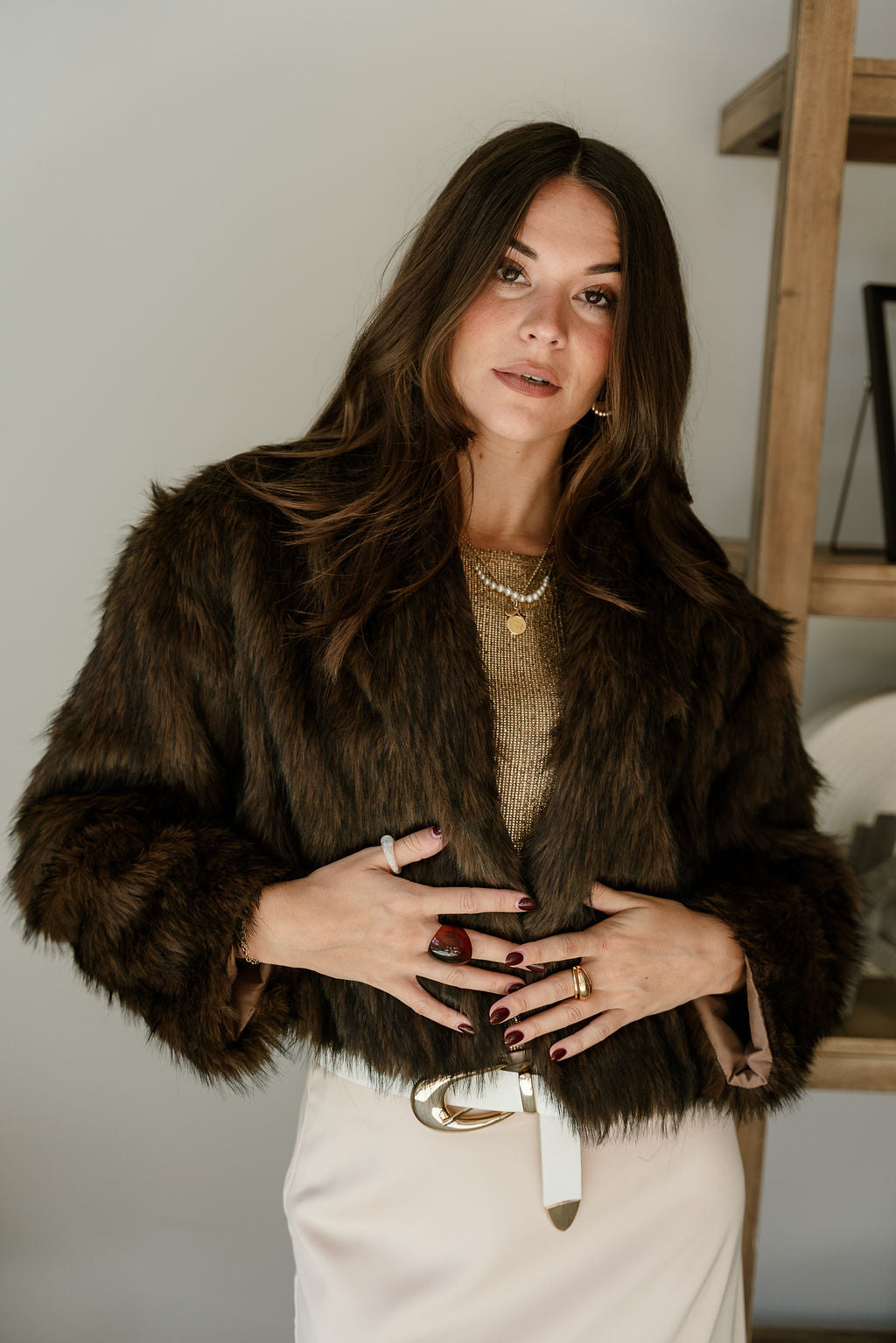Clara Dark Brown Fur Cropped Jacket- top view