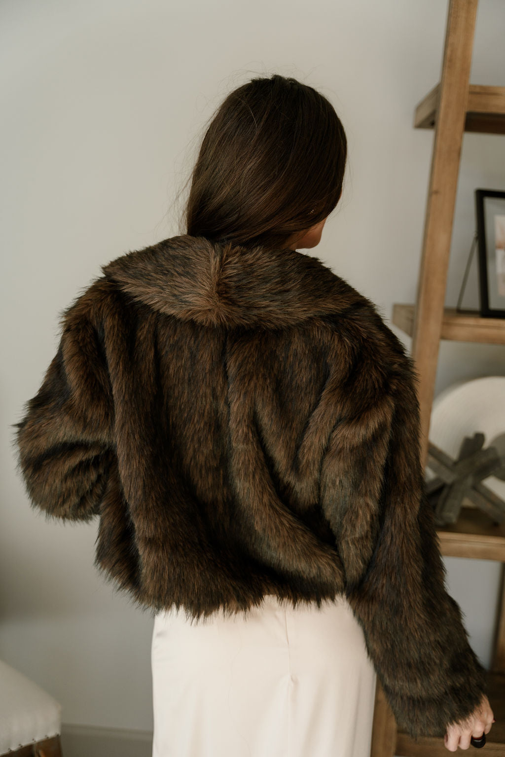 Clara Dark Brown Fur Cropped Jacket- close up back view