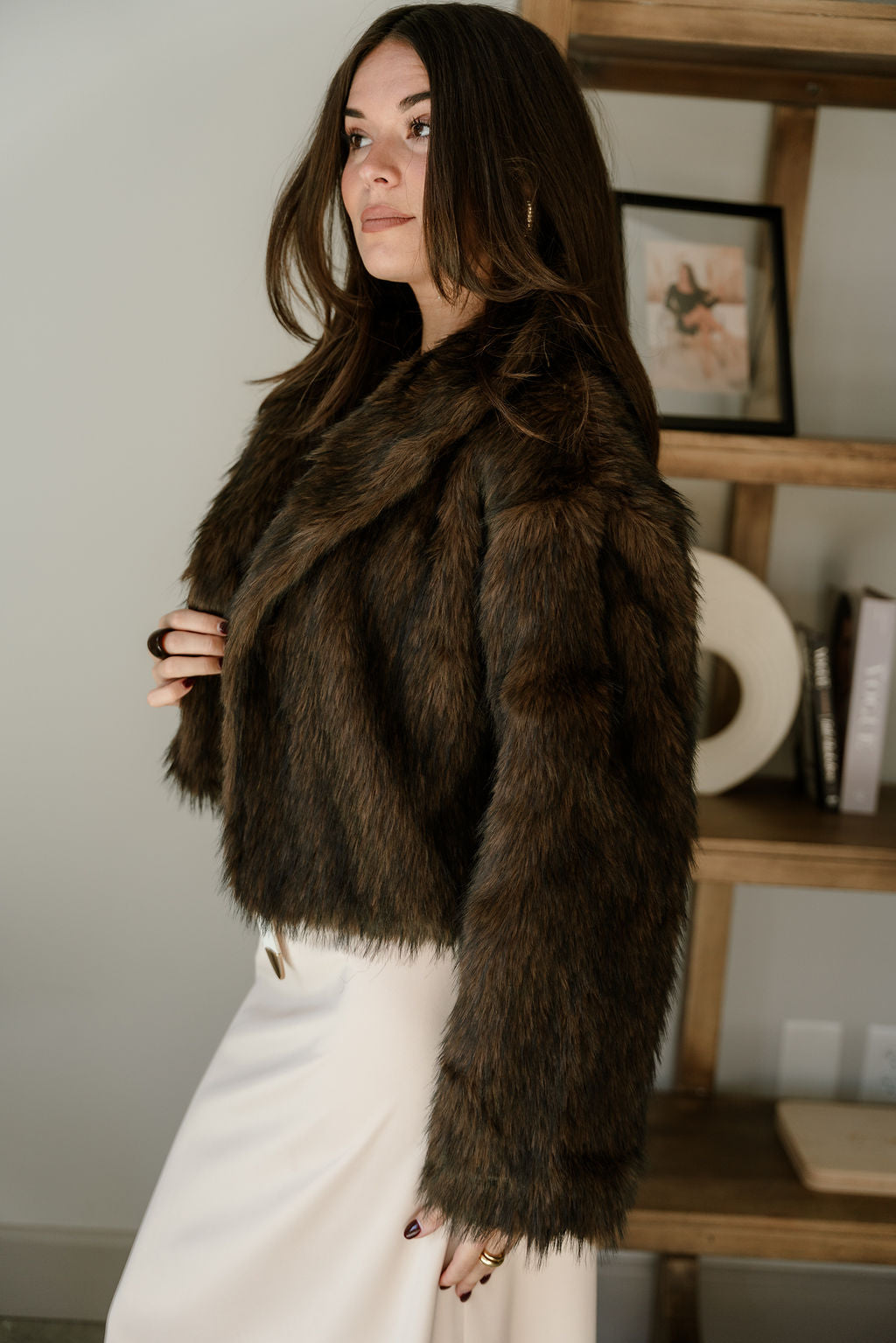 Clara Dark Brown Fur Cropped Jacket- frontal side view