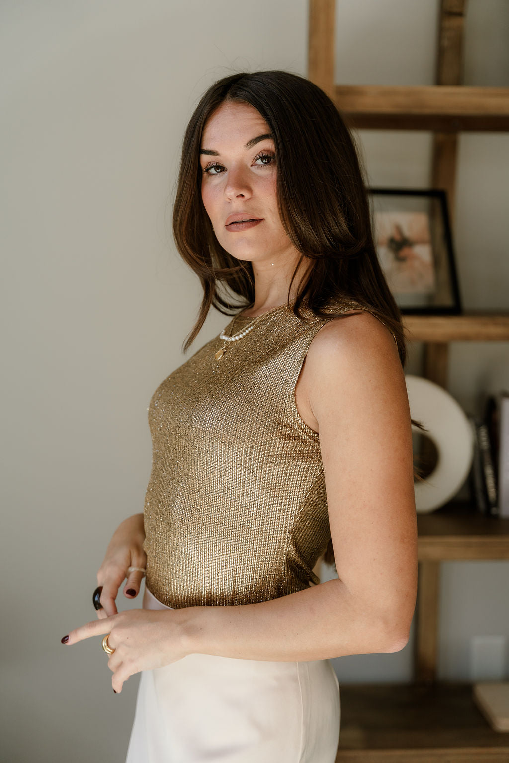 Everly Gold Round Neckline Tank- side view